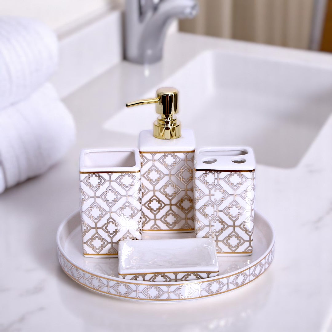 White & Golden Ceramic Bath Set 4Pcs