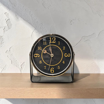 Vintage Black and Gold Metal Desk Clock with Stand
