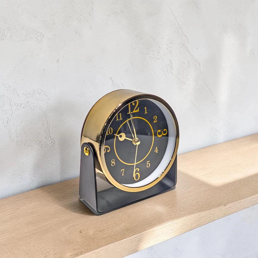 Vintage Black and Gold Metal Desk Clock with Stand