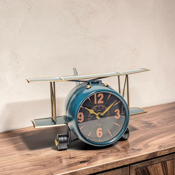 Vintage Metal Biplane Desk Clock Tabletop Aviation Decor