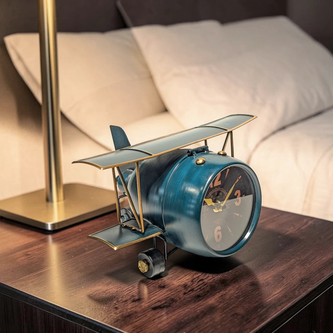 Vintage Metal Biplane Desk Clock Tabletop Aviation Decor