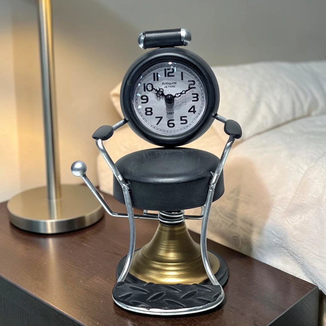 Vintage Barber Chair Metal Desk Clock Tabletop Decor