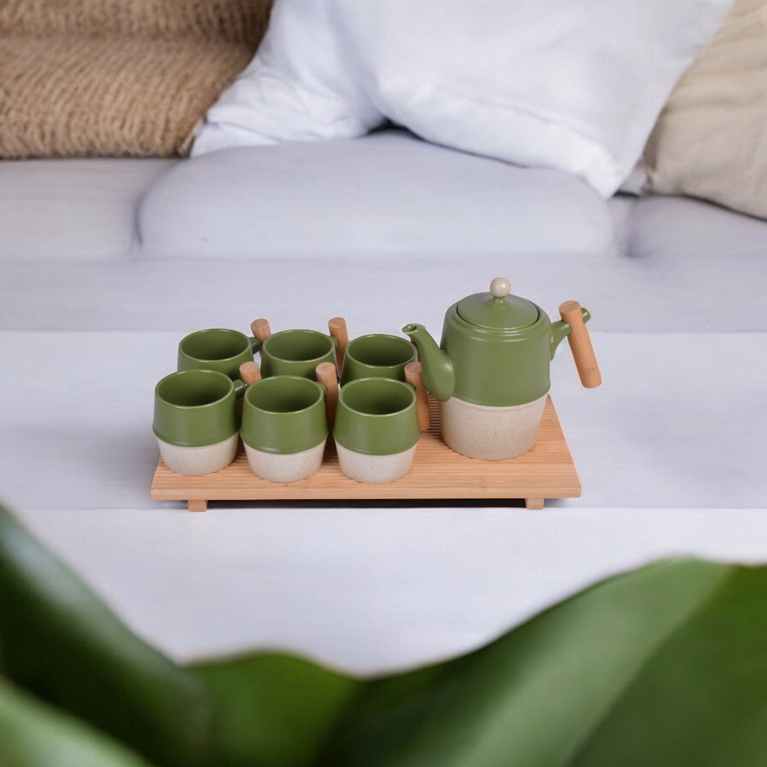 Ceramic Green and Beige Teapot Set