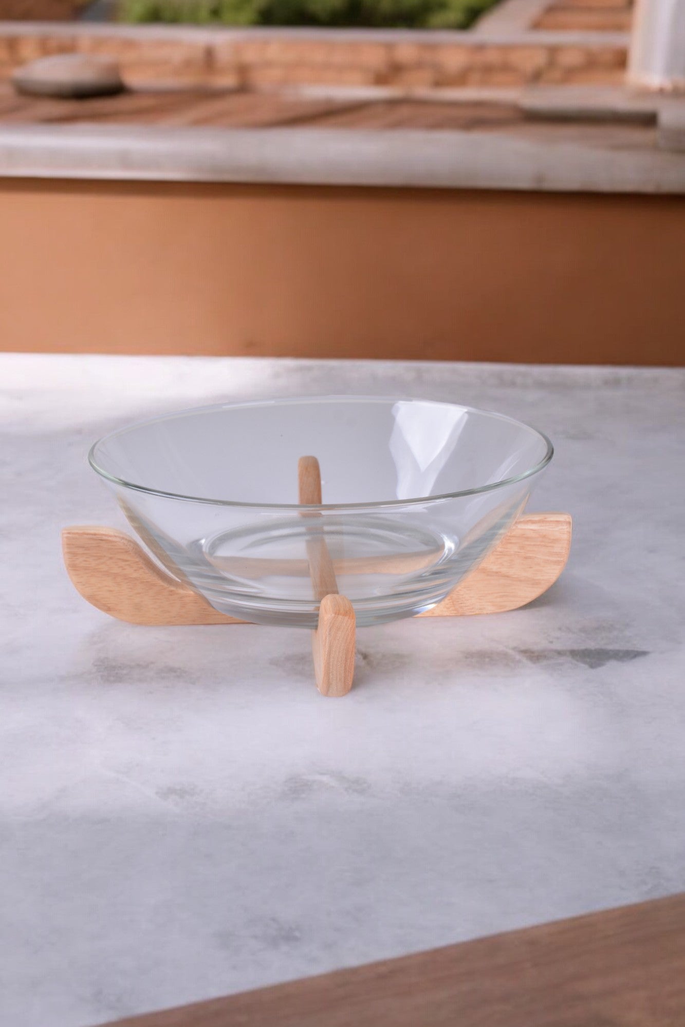 Glass Salad Bowl With Wooden Stand and Spoons 3500