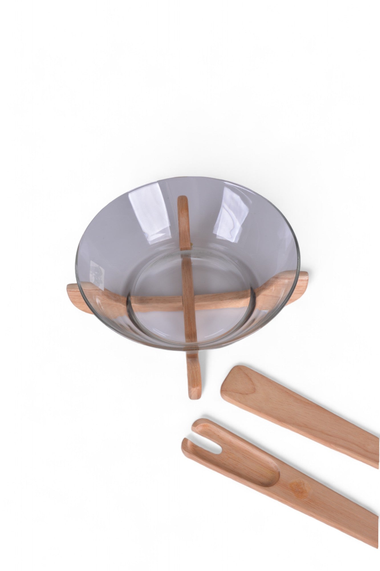 Glass Salad Bowl With Wooden Stand and Spoons 3500