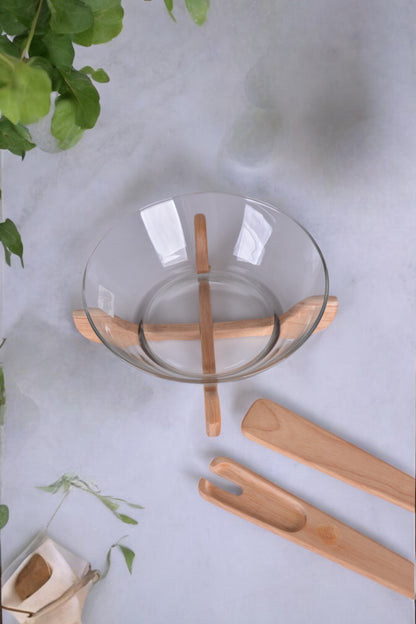 Glass Salad Bowl With Wooden Stand and Spoons 3500