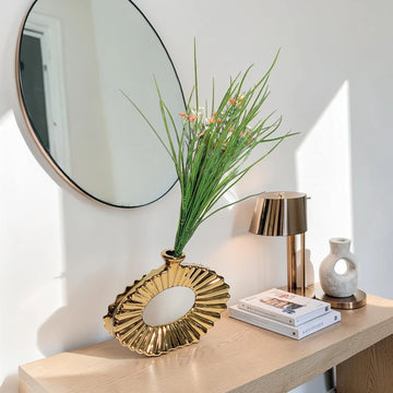 Gold Ribbed Oval Ceramic Flower Vase