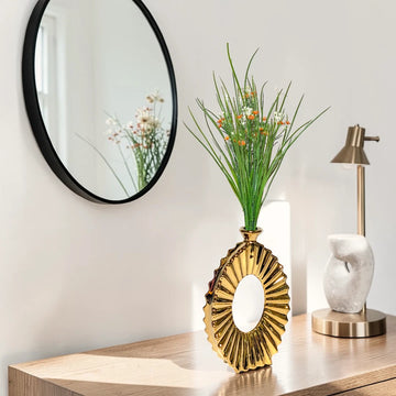 Gold Round Ribbed Oval Ceramic Flower Vase