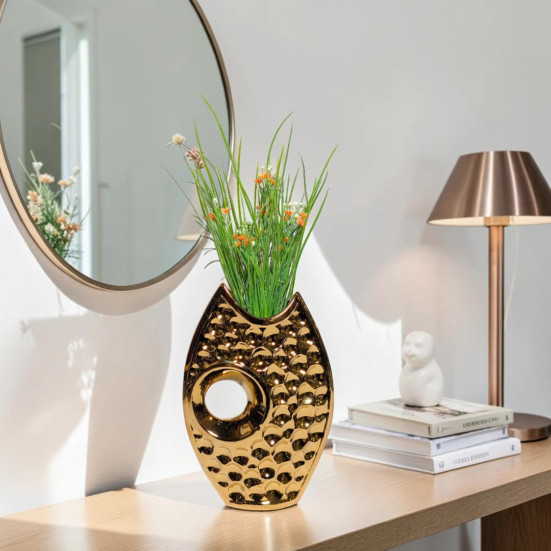 Gold Fish Scale Ceramic Oval Flower Vase