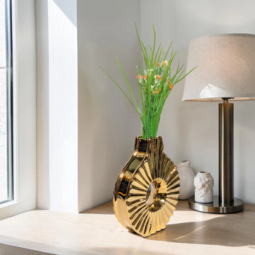Modern Gold Ribbed Ceramic Donut Flower Vase