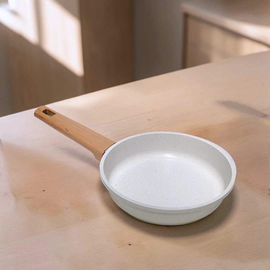 White Granite Nonstick Frying Pan with Wood Handle 20Cm