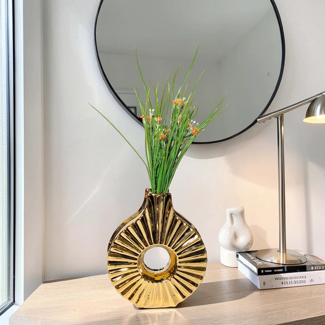Modern Gold Ribbed Ceramic Donut Flower Vase