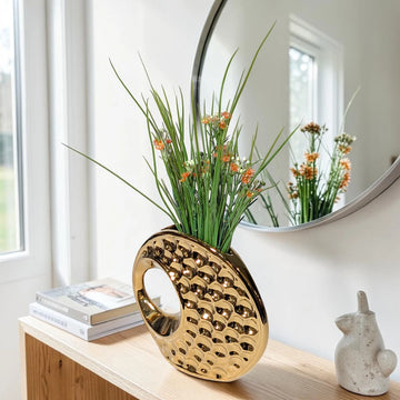 Modern Gold Textured Ceramic Hollow Ring Accent Vase