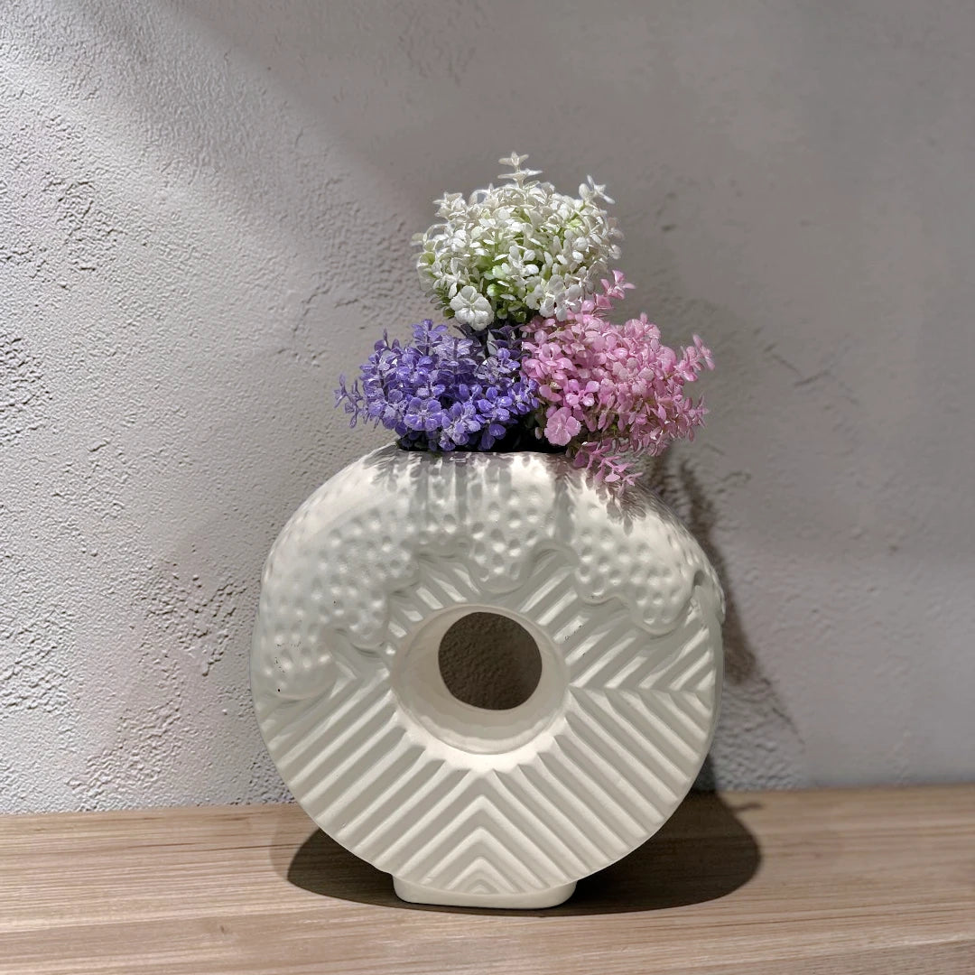 Modern White Textured Frosted Doughnut Ceramic Vase