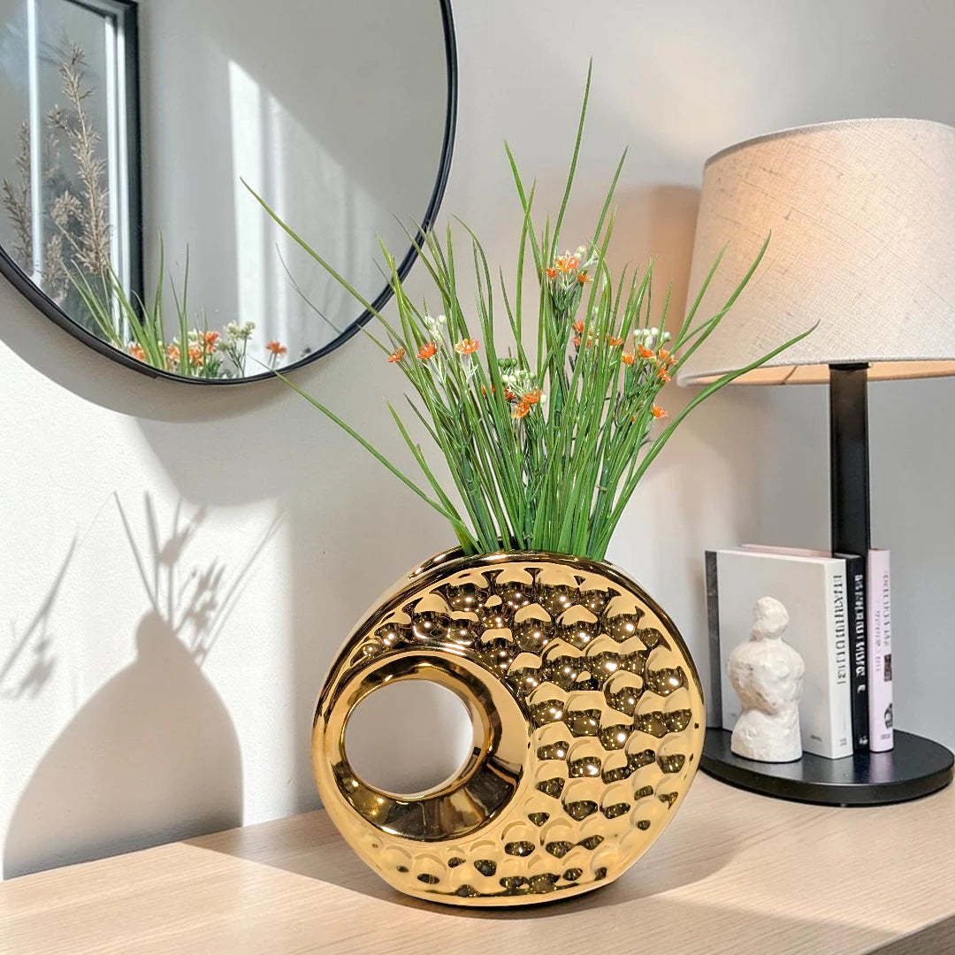 Modern Gold Textured Ceramic Hollow Ring Accent Vase