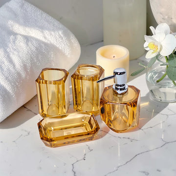 Amber Crystal Glass Bathroom Accessory Set 4 Piece