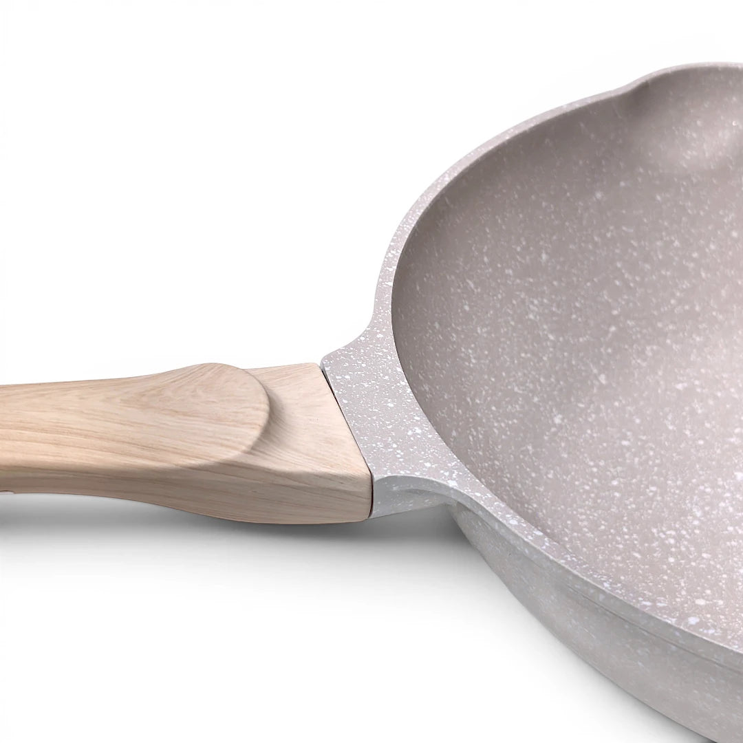 White Granite Nonstick Wok Pan with Pouring Spouts and Wooden Handle