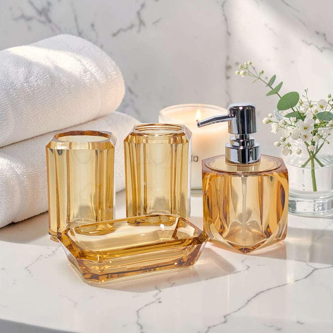 Amber Crystal Glass Bathroom Accessory Set 4 Piece