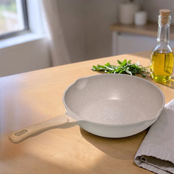 White Granite Nonstick Wok Pan with Pouring Spouts and Wooden Handle