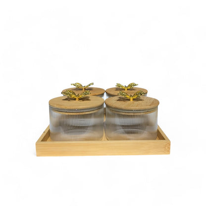 4Pcs Round Clear Airtight Dryfruit Jar Set With Wooden Tray