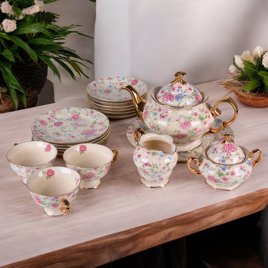 24 Piece Floral Tea Set Cream D-C229