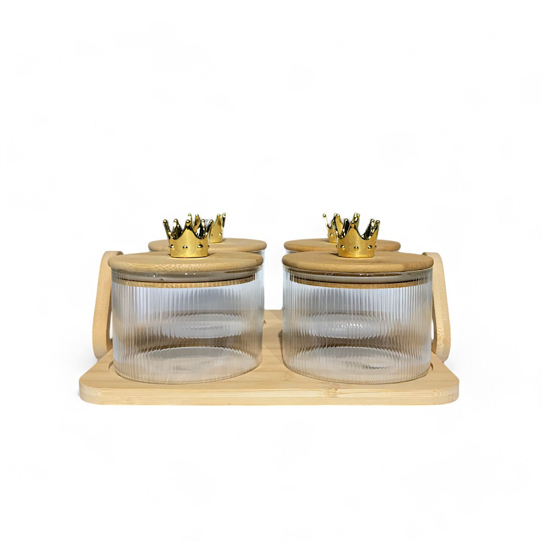 4Pcs Round Clear Airtight Dryfruit Jar Set With Wooden Tray