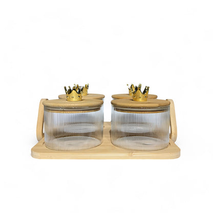 4Pcs Round Clear Airtight Dryfruit Jar Set With Wooden Tray