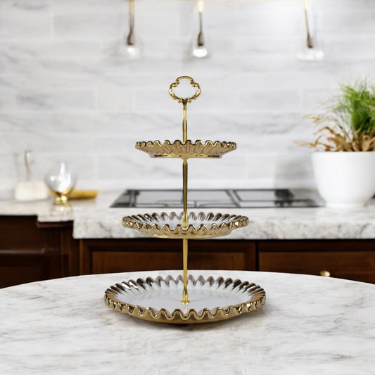 Ceramic 3 Tier Embossed Tea Snacks Dish Stand