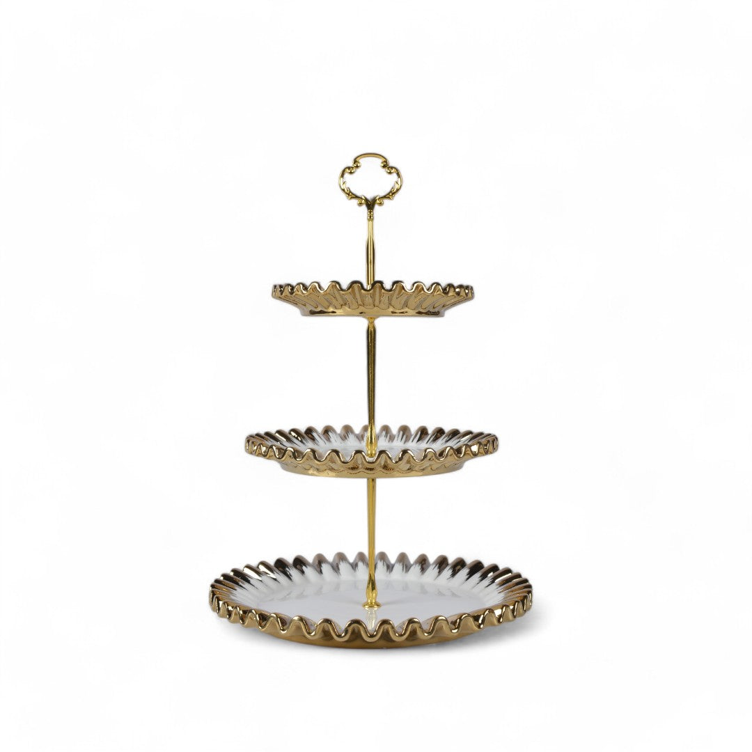 Ceramic 3 Tier Embossed Tea Snacks Dish Stand