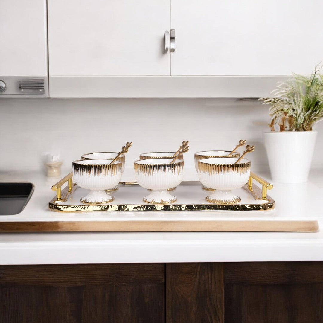 Porcelain Ice Cream Set of 6 Spoon and Tray