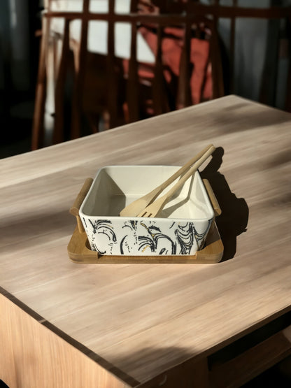 Printed Salad Bowl with Bamboo Tray