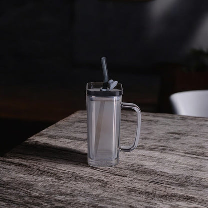 Glass Mug With Acrylic Lid And Glass Straw (Black)