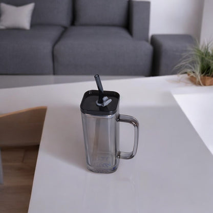 Glass Mug With Acrylic Lid And Glass Straw (Black)