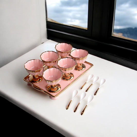 Porcelain Ice Cream Set of 6 Spoon and Tray