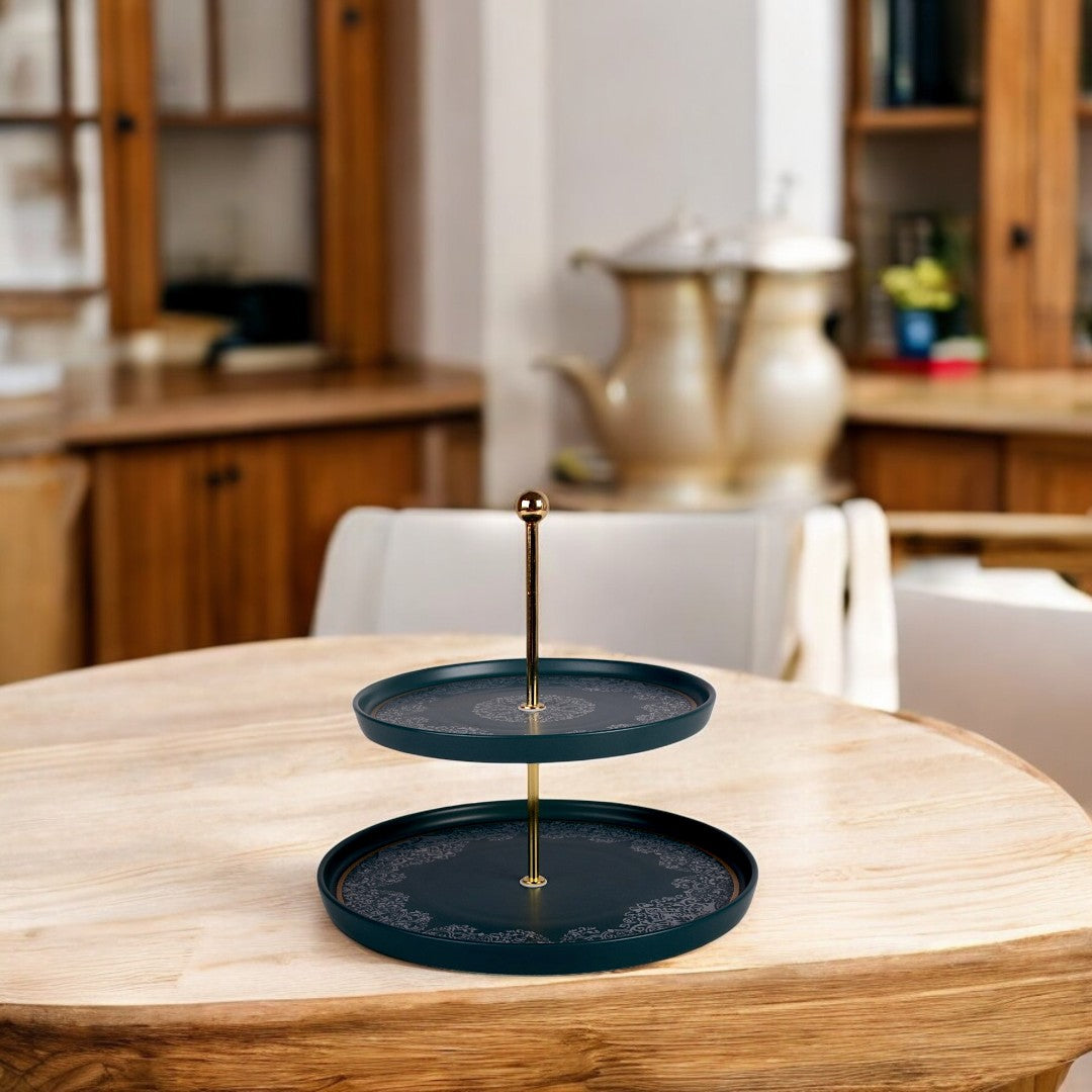 Ceramic 2 Tier Embossed Tea Snacks | Dish Stand