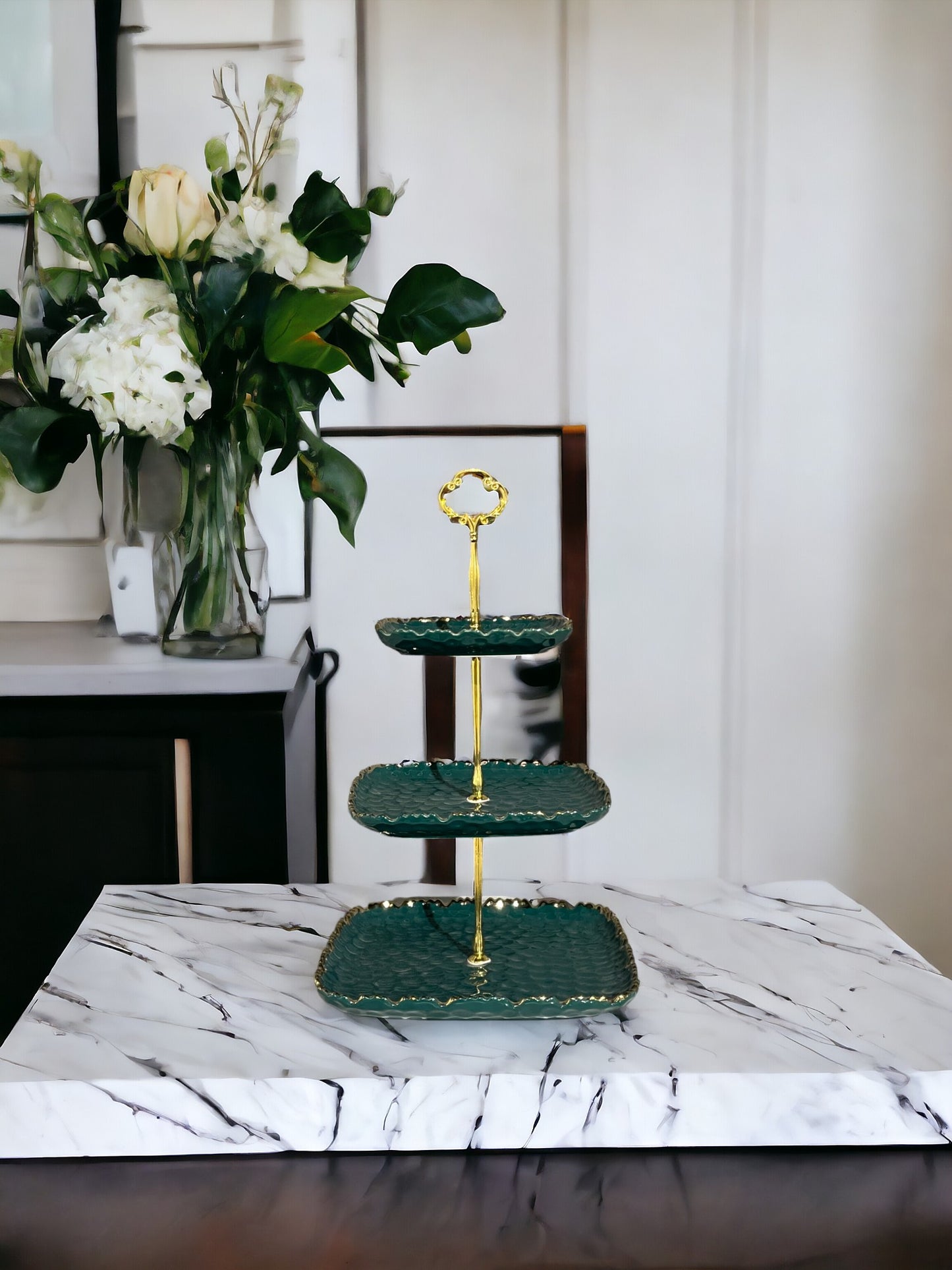 Ceramic 3 Tier Embossed Tea Snacks Dish Stand