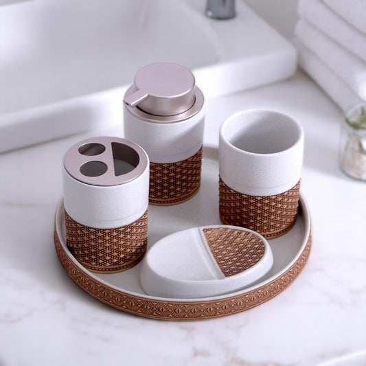White & Brown Bathroom Set 5Pc