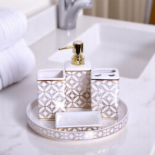 White & Golden Ceramic Bath Set 4Pcs